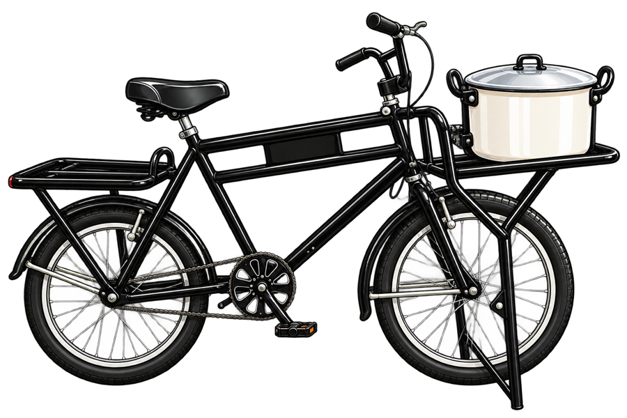 La bicicleta de reparto de Mr. Miller con la olla al frente