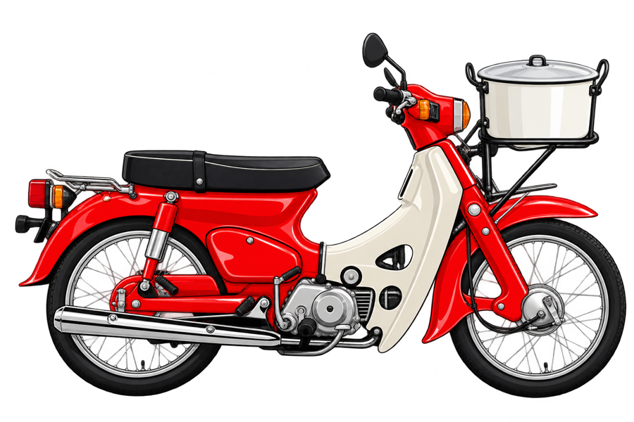 La moto roja de Mr. Miller con la olla al frente